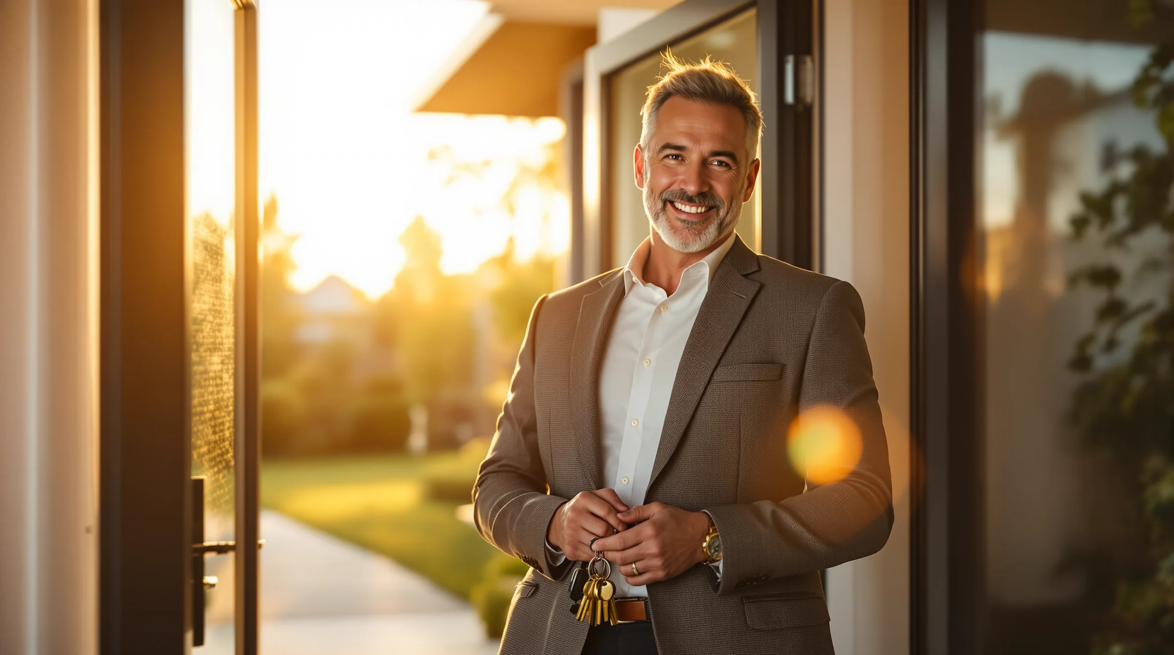 A property owner with keys welcoming a renter at the door of a modern home at golden hour
