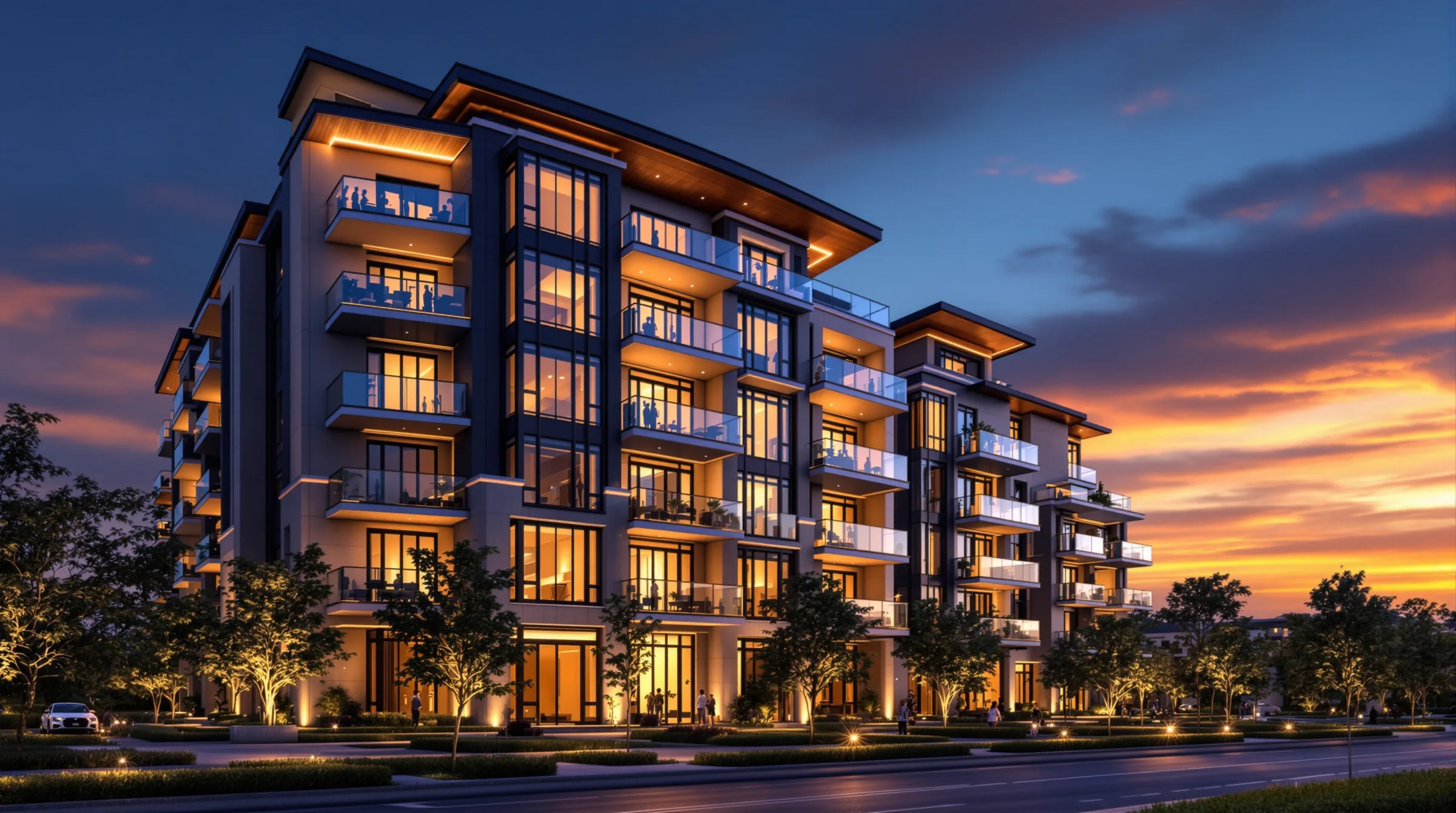 An elegant modern rental building glowing at golden hour