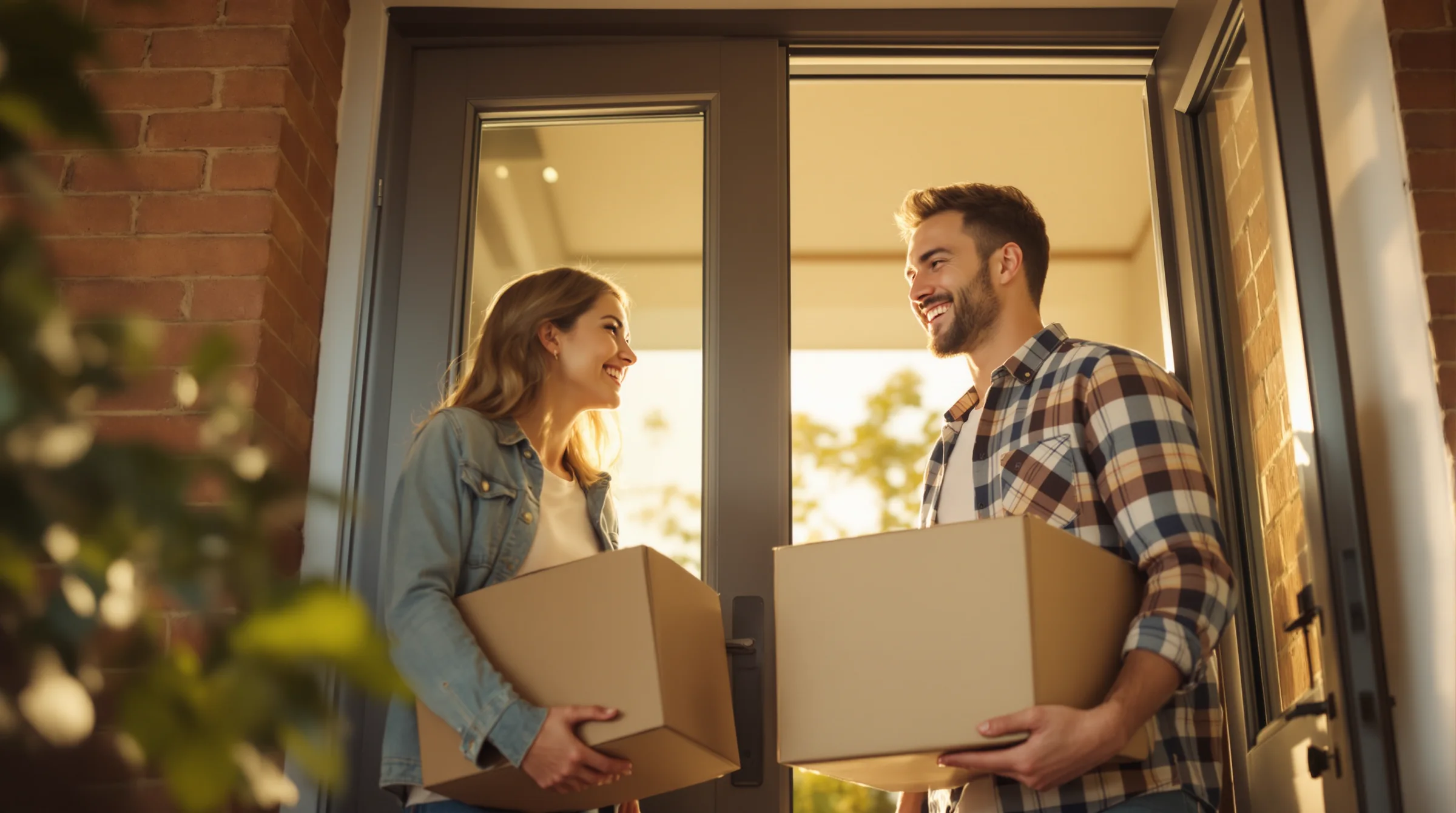A happy couple moving into their new home, smiling in the doorway